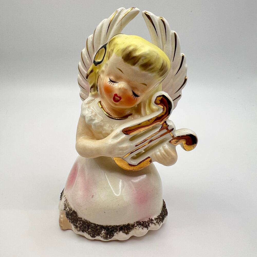 Vintage 50s Norcrest Pink Angel Figurine MCM Musical Decor Retro Kitsch Harp